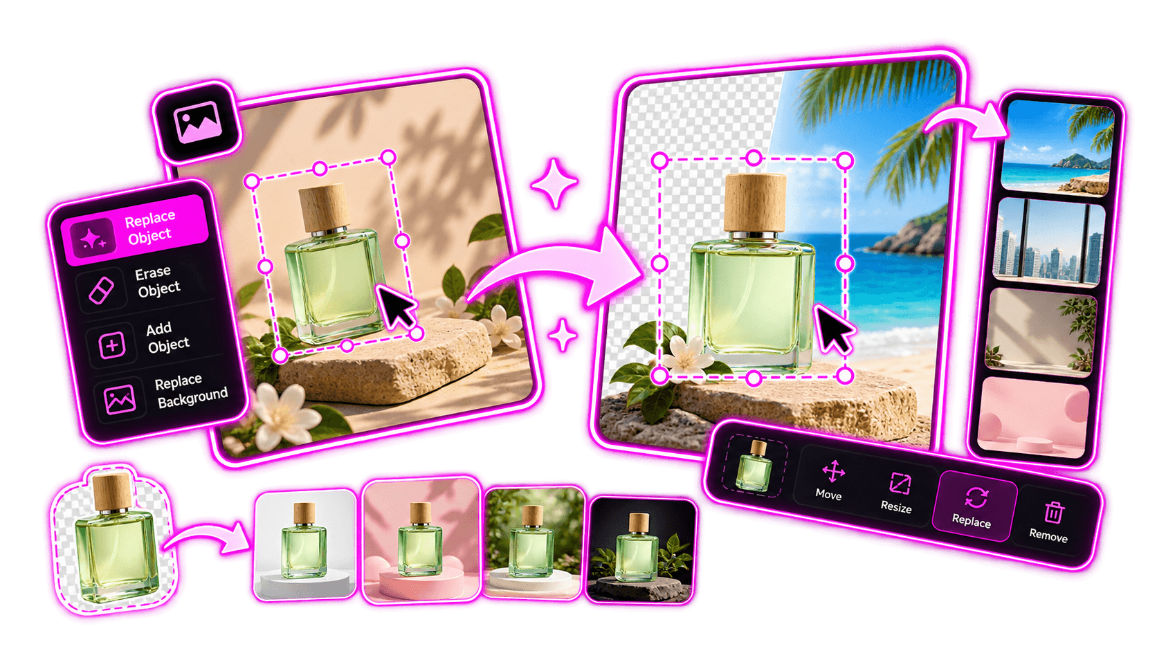 A perfume bottle selected in a picture, with its background replaced by a beach