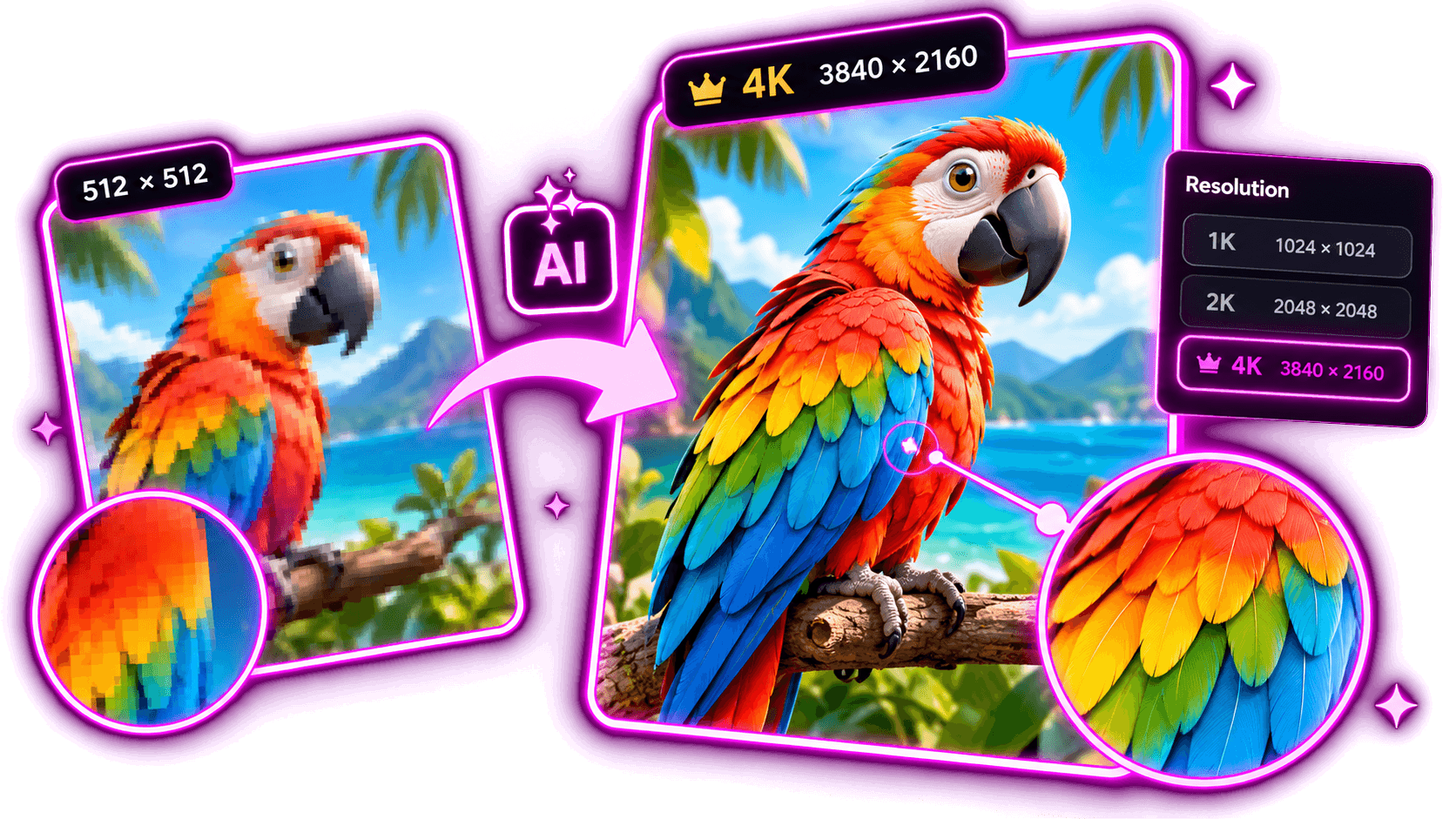A blocky 512 pixel parrot beside the same picture, sharp, at 4K