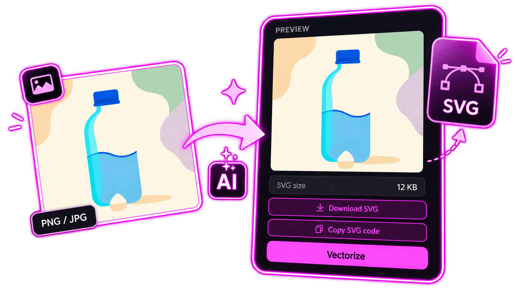 A flat illustration of a bottle traced into an SVG, ready to download or copy as code