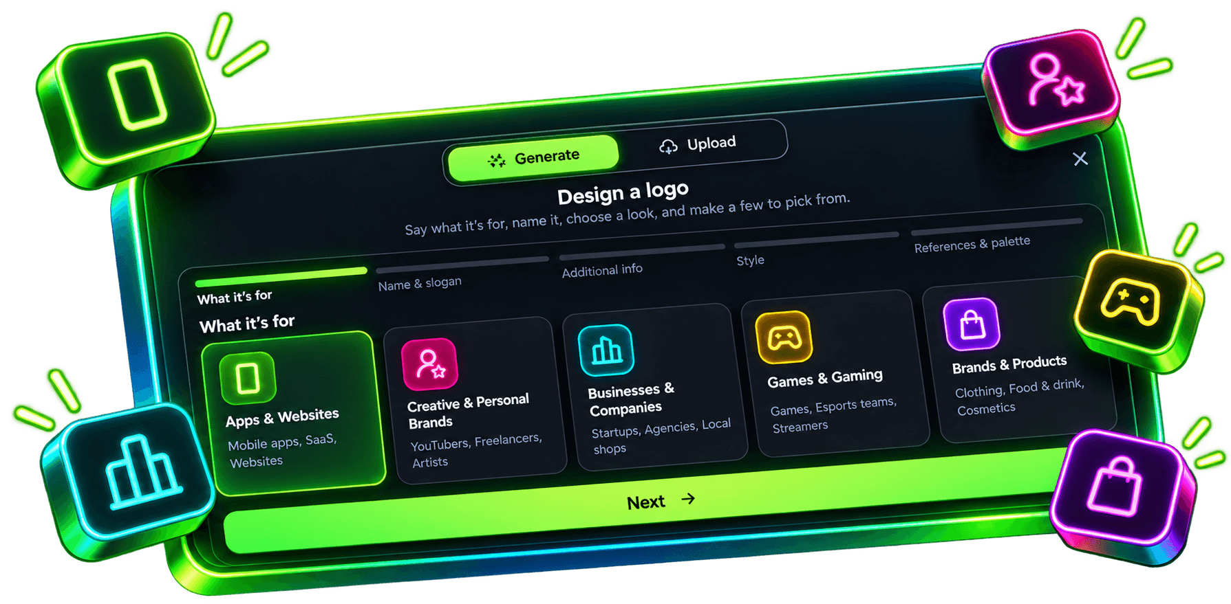 The logo generator asking what the logo is for: apps, personal brands, businesses, gaming or products