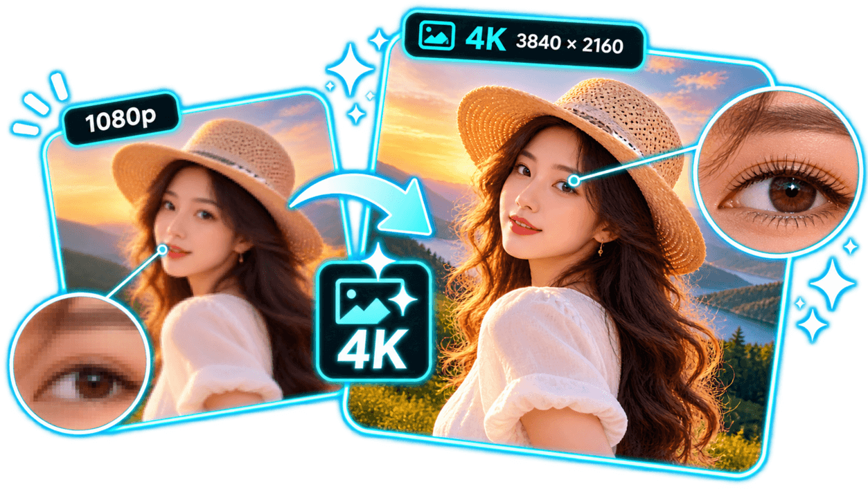 A 1080p portrait beside the same portrait at 4K, with a sharp close-up of the eye